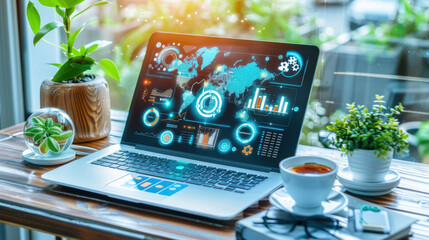 Aufkleber - modern laptop displaying data analytics and graphs sits on wooden table surrounded by plants and cup of coffee, creating productive and serene workspace atmosphere
