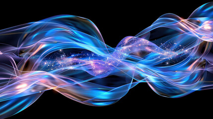 Poster - Dynamic wave of colorful particles flowing gracefully through dark background, creating mesmerizing visual effect. interplay of light and color evokes sense of movement and energy
