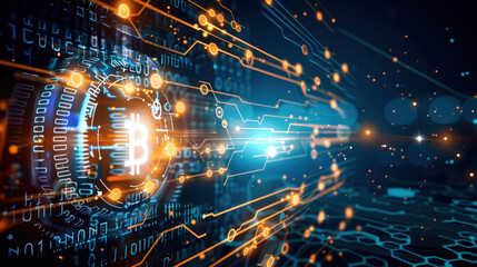 Aufkleber - Digital technology and cryptocurrency are represented through vibrant binary code and glowing lines, creating futuristic atmosphere. image captures essence of innovation and digital finance
