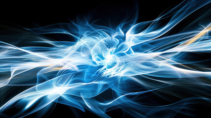 Poster - Flowing particle waves in blue and white tones create mesmerizing visual effect, evoking sense of tranquility and movement. interplay of light and color captivates viewers imagination