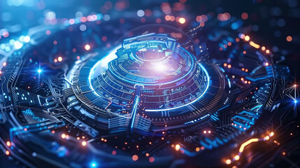 Aufkleber - Futuristic digital design featuring glowing circular structure with intricate circuitry and vibrant lights, evoking sense of advanced technology and innovation