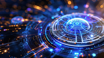 Aufkleber - Futuristic digital background featuring vibrant circular design with glowing elements and intricate patterns, evoking sense of advanced technology and innovation
