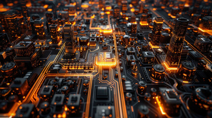 Aufkleber - Futuristic cityscape with glowing circuits and buildings, showcasing advanced technology and innovation. vibrant orange lights create dynamic atmosphere, emphasizing digital world