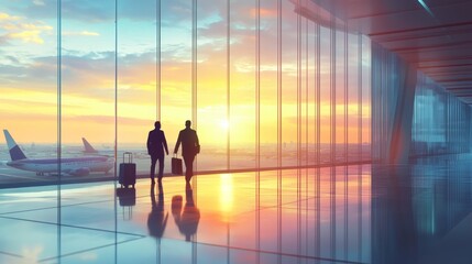 Aufkleber - Two businessmen are walking through an airport terminal at sunset, with airplanes visible on the tarmac outside the windows