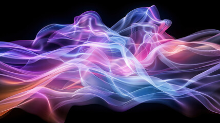 Poster - Gentle arcs of flowing particles create mesmerizing layers of color and light, evoking sense of tranquility and wonder. vibrant hues blend seamlessly against dark backdrop, enhancing ethereal