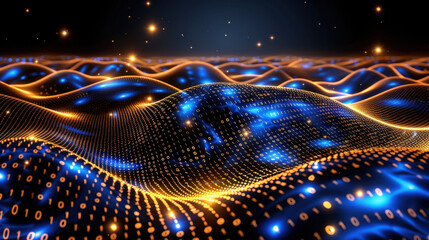 Aufkleber - Digital waves of glowing binary numbers create mesmerizing landscape, showcasing beauty of technology and data visualization. vibrant blue and orange colors evoke sense of depth and movement