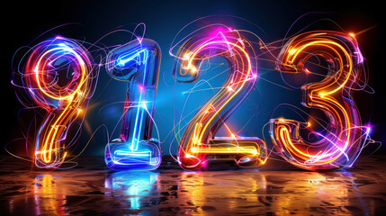 Poster - Glowing numbers 9, 1, 2, and 3 create vibrant display against dark background, showcasing colorful light trails that evoke sense of energy and excitement
