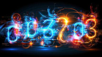 Glowing numbers on gradient blue digital background create vibrant and dynamic visual experience. interplay of light and color evokes sense of energy and innovation