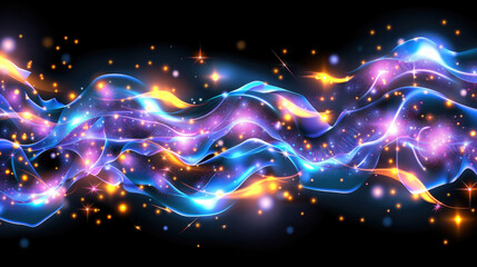 Poster - Glowing wave of particles in vibrant cyan and purple hues, creating mesmerizing visual effect. dynamic flow evokes sense of energy and wonder