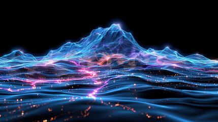 Poster - mesmerizing landscape of glowing particles in vibrant cyan and purple hues creates stunning visual effect. undulating waves and peaks evoke sense of depth and movement, captivating viewers