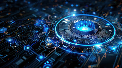 Aufkleber - Futuristic digital circuit board with glowing blue elements and intricate patterns, representing advanced technology and innovation