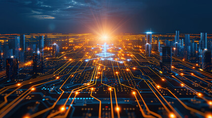 Aufkleber - stunning high tech landscape featuring vibrant circuit board design illuminated by glowing lines and lights, creating futuristic atmosphere
