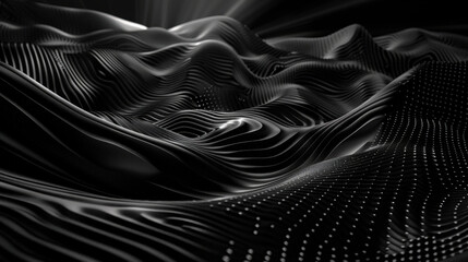 Poster - Interwoven waves of dots create mesmerizing particle flow, showcasing dynamic interplay of light and shadow in black and white landscape