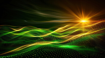 Poster - Dynamic waves of green and gold create mesmerizing visual effect, illuminated by radiant sunburst. This evokes sense of depth and movement, perfect for backgrounds or abstract art