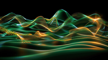 Poster - Layered waves of moving dots create depth and movement in vibrant, abstract digital landscape. interplay of green and gold hues evokes sense of energy and fluidity