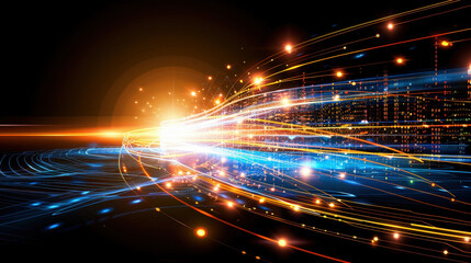 Poster - Dynamic light trails create mesmerizing effect, showcasing vibrant colors of blue, orange, and yellow against dark background. This evokes sense of speed and energy