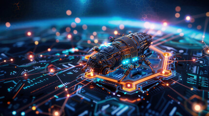 Poster - Futuristic spacecraft on digital circuit board, showcasing advanced technology and intricate design. vibrant colors and glowing elements create captivating sci fi atmosphere