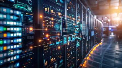 Aufkleber - High tech data center with illuminated server racks and abstract digital interfaces showcasing data analytics and information flow. atmosphere conveys innovation and advanced technology