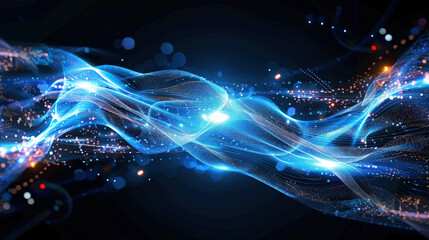 Aufkleber - Dynamic blue waves of light create mesmerizing visual effect, showcasing blend of glowing particles and flowing lines. This abstract design evokes sense of energy and movement
