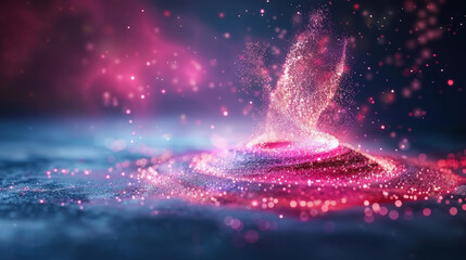 Poster - mesmerizing display of minimalist particles moving in gentle waves, creating vibrant cosmic scene filled with pink and purple hues. ethereal quality evokes sense of wonder and tranquility