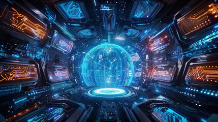 Aufkleber - Futuristic technology scene featuring glowing blue globe surrounded by intricate circuitry and digital displays, evoking sense of advanced innovation and exploration