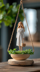 decorative figurine in white dress stands in hanging planter filled with green plants, creating serene and stylish home decor piece