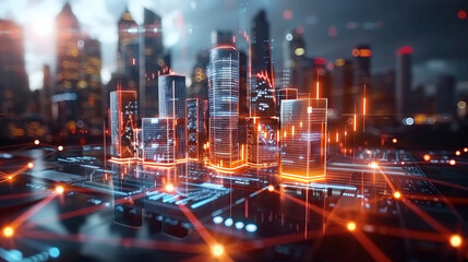 Poster - Futuristic city skyline with glowing skyscrapers and digital data overlays, showcasing modern technology and urban development. vibrant lights create dynamic atmosphere