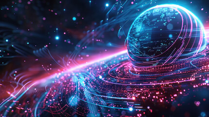 Poster - vibrant, modern sci fi background featuring abstract digital sphere surrounded by glowing particles and flowing lines, creating sense of motion and energy