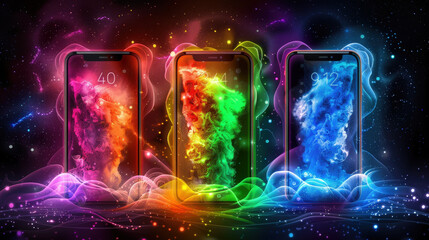 Poster - Vibrant smartphones display colorful abstract designs with swirling smoke effects, creating modern and dynamic tech aesthetic