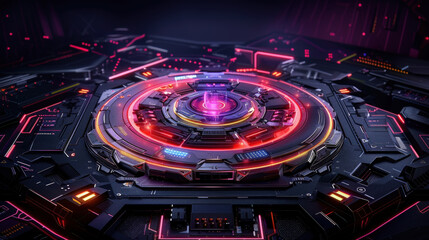 Aufkleber - Futuristic technology design featuring circular interface with vibrant neon lights and intricate details, creating visually striking aesthetic