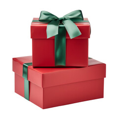 Wall Mural - stack two red gift box with green ribbon isolated on transparent background cutout