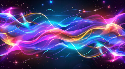 Aufkleber - Vibrant waves of color flow seamlessly across dark background, creating mesmerizing pattern of shimmering particles. This dynamic visual evokes sense of energy and movement