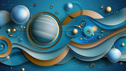 Aufkleber - Sleek blue tones and geometric shapes create modern abstract design featuring planets and waves. This captivating artwork evokes sense of cosmic wonder and creativity