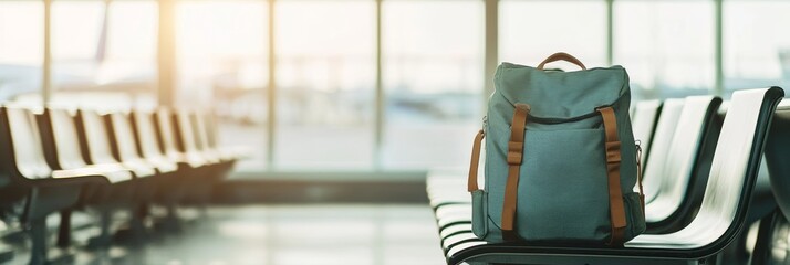 Aufkleber - Backpack is sitting on a chair in an empty airport terminal, waiting for its owner to return. The sun is shining through the windows, creating a warm and inviting atmosphere