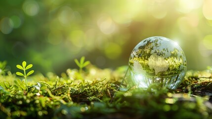 A glass globe sits on vibrant green foliage with a glowing city skyline in the background, symbolizing environmental sustainability