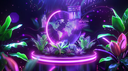 Aufkleber - vibrant digital representation of globe surrounded by lush plants, showcasing data visualizations and graphs. colorful neon lights create futuristic atmosphere, emphasizing connection between nature