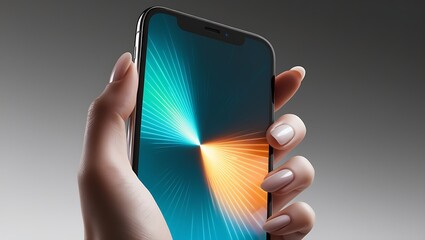 Poster - A woman's hand holding a smartphone with an abstract background of blue and orange light streaks on the screen.