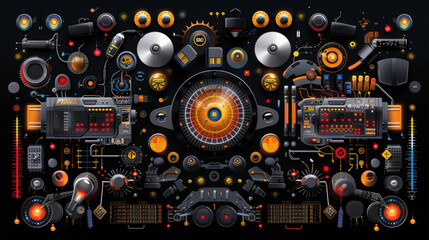 Aufkleber - vibrant tech inspired poster featuring complex arrangement of circuit grid patterns, speakers, and various electronic components. design exudes futuristic and dynamic energy