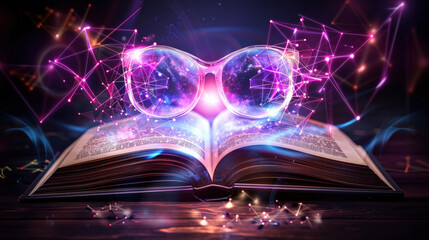 Poster - captivating open book with glowing glasses above it, surrounded by vibrant cosmic elements and abstract shapes, symbolizes knowledge and imagination