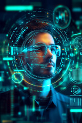 Poster - A person observes data displayed in holographic interfaces, capturing the essence of digital innovation