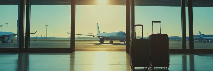 Aufkleber - Two suitcases wait in an airport terminal as a plane taxis outside during a stunning sunset, casting a warm glow on modern surroundings