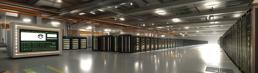 Poster - Server Room Interior with Rows of Data Racks and a Monitoring Screen