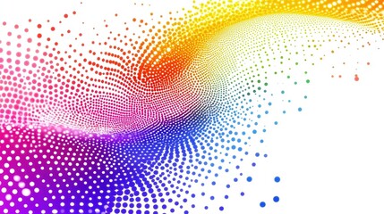Wall Mural - Abstract wave of colorful dots in blue, pink, orange, and yellow gradients creating a vibrant, dynamic flow on a white background
