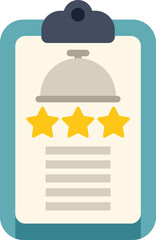Poster - clipboard showing a five star restaurant review with catering dish icon, representing positive feedb