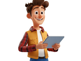Aufkleber - Man with tablet 3d cartoon character isolated transparent background