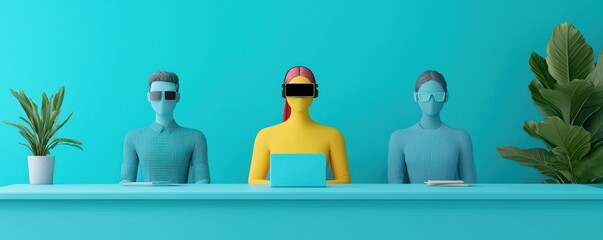 Poster - A vibrant scene featuring three stylized figures, including a yellow character in the center, set against a turquoise backdrop with plants.