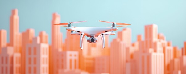 Poster - A drone hovers in front of a cityscape, showcasing urban innovation and technology against a pastel backdrop.