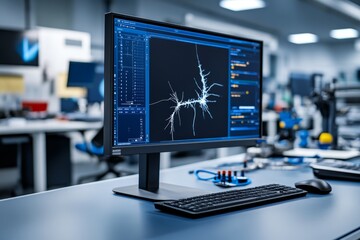 Poster - Computer display with a 3D model showing measurements of a crack on a metal surface, emphasizing the use of advanced technology in defect analysis
