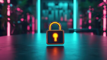 Poster - A colorful lock stands prominently on a dark surface, surrounded by neon lights, symbolizing security and digital protection.