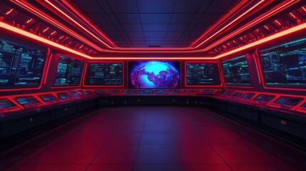 Poster - A futuristic control room illuminated with red lights and multiple screens displaying intricate data and graphics.